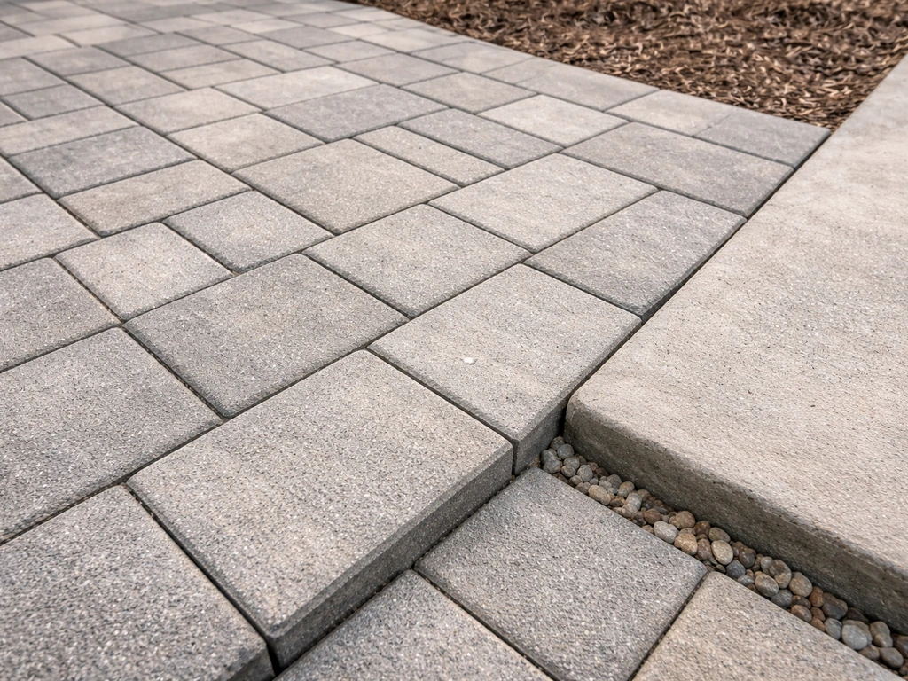 Concrete interlocking pavers with visible joint lines and aligned pattern beside a contrasting slab edge.