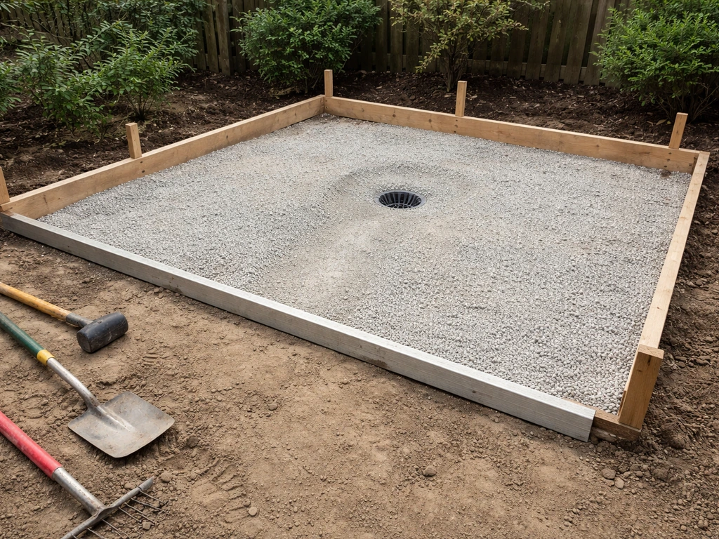 Patio base shows a graded slope toward a drain with visible subgrade and leveling guides.