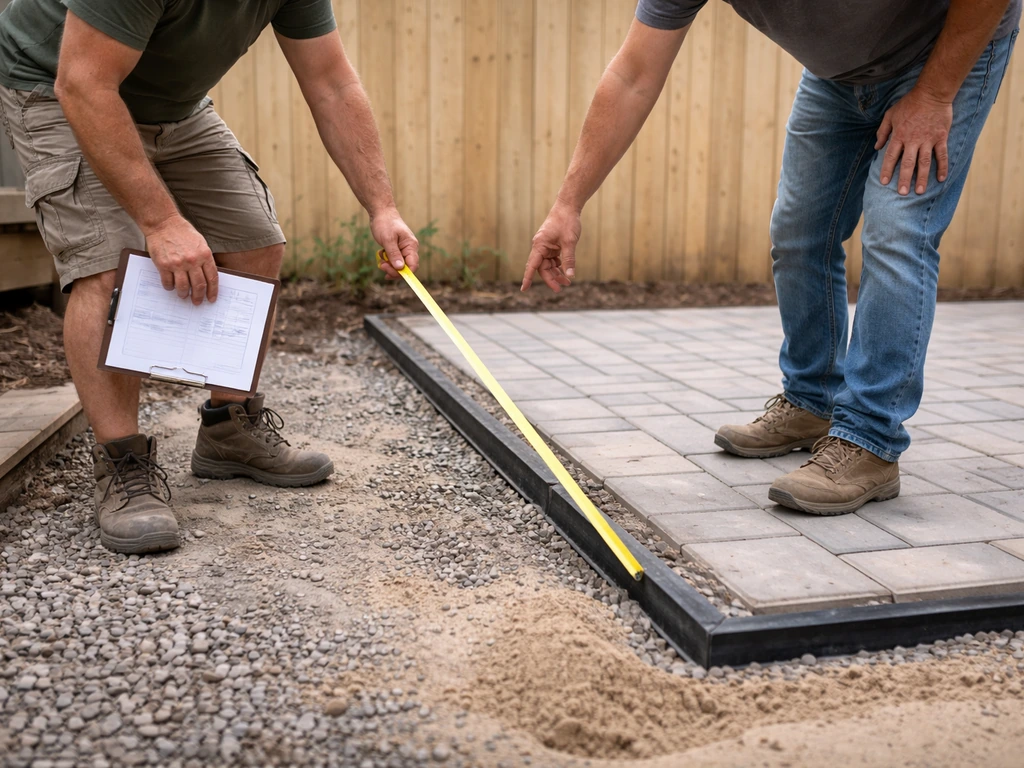 Homeowner and contractor walk through a dry-laid paver patio, reviewing base prep and drainage with a measuring tape.