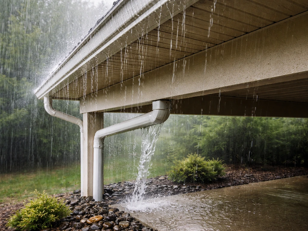 Patio cover underside in rainfall showing gutters, roof slope, and controlled runoff paths.