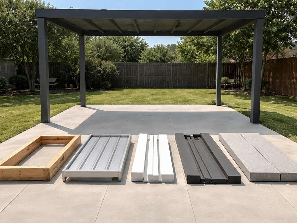 Side view of wood, aluminum, vinyl, steel, and composite patio cover material samples laid out outdoors.