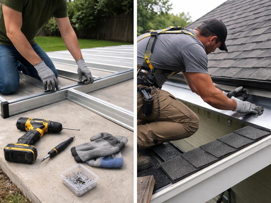 Split-view scene: homeowner assembling prefab aluminum kit on concrete slab, contractor working on roof flashing details
