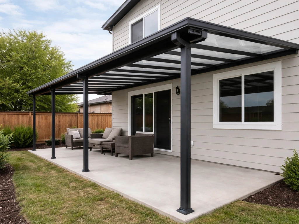 Modern home with a newly installed aluminum patio cover and posts, integrated guttering in natural daylight.