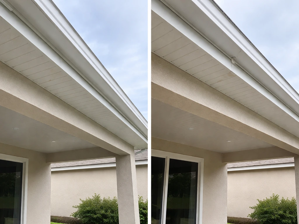 Split image showing a neat patio cover on one side and minor seam discoloration on the other.