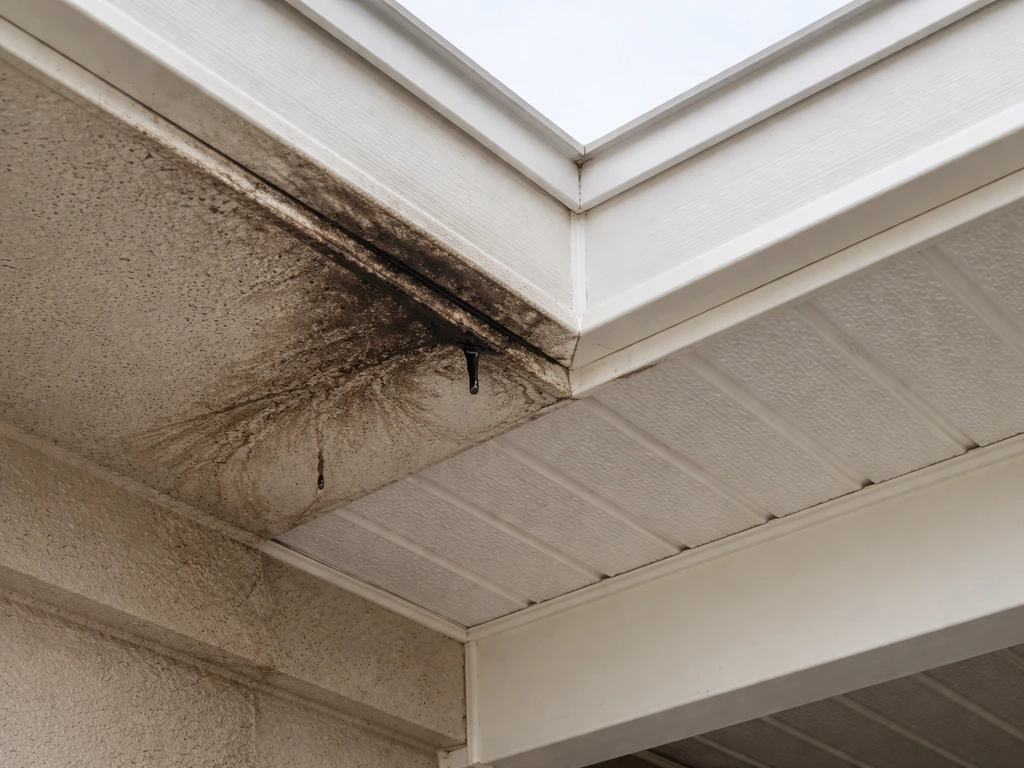 Residential patio cover corner with water staining contrasted by a dry, sealed adjacent edge.