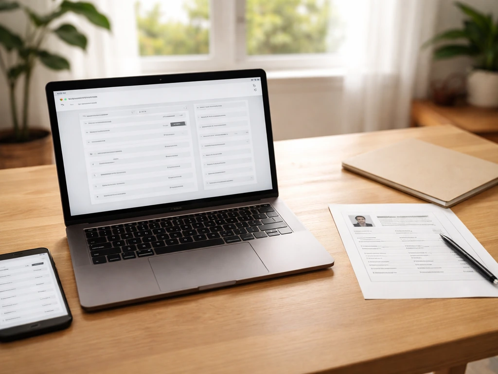 Laptop and phone display a contractor license lookup, with a printed license info sheet on a desk.