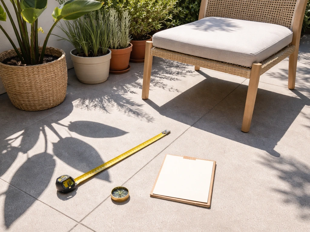 Sunny patio floor with measuring tape, compass, and a blank checklist card showing sun-angle shadows.