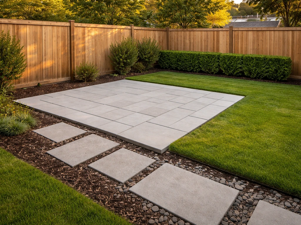 Small backyard patio with a simple L-shaped layout and stepping stones leading through minimal landscaping.
