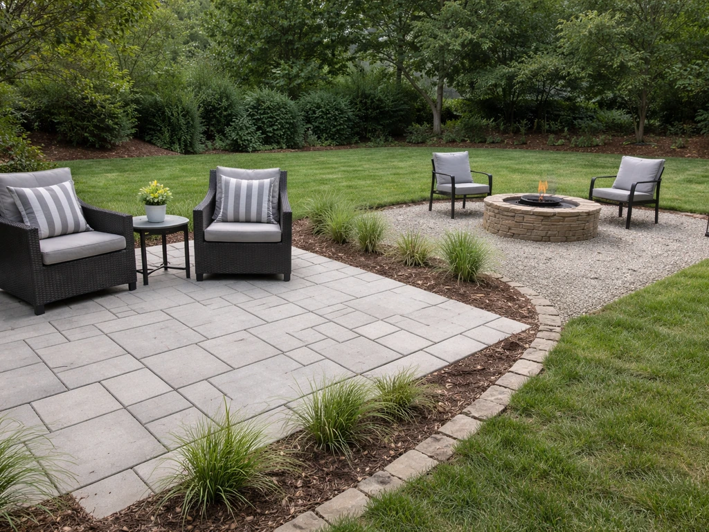 Minimal backyard patio showing two zones: paver seating area and dining or fire pit area with contrasting materials.