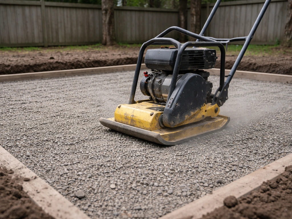 DIY patio base prep with a rented plate compactor compacting a prepared subbase