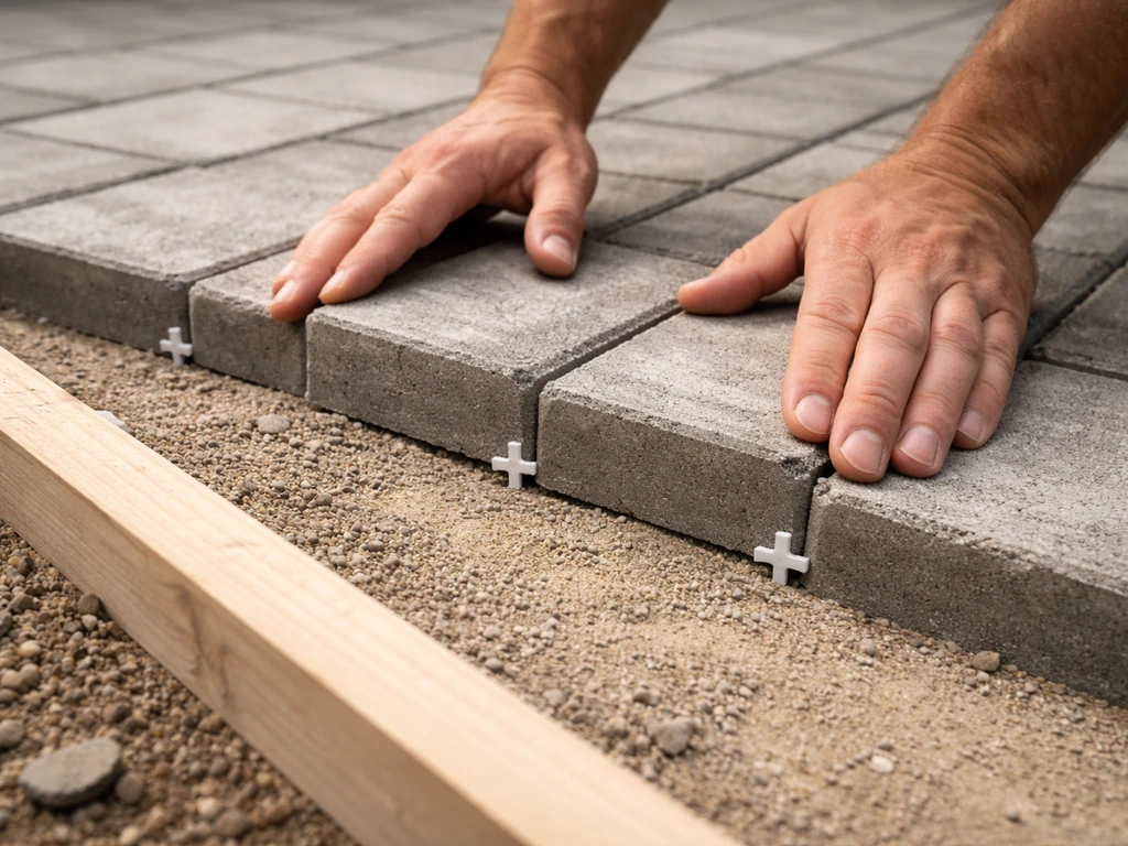 Close-up of workers setting concrete pavers on a compacted base, aligning edges with spacers