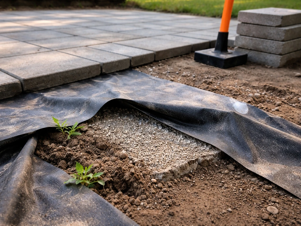Exposed DIY patio base with too-thin gravel, lifted weed barrier, and weeds growing through gaps.