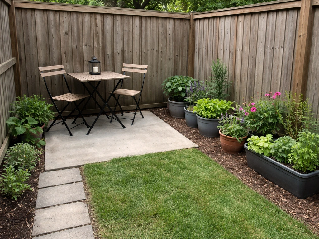 Small backyard patio with a compact bistro set and tight container garden along a fence
