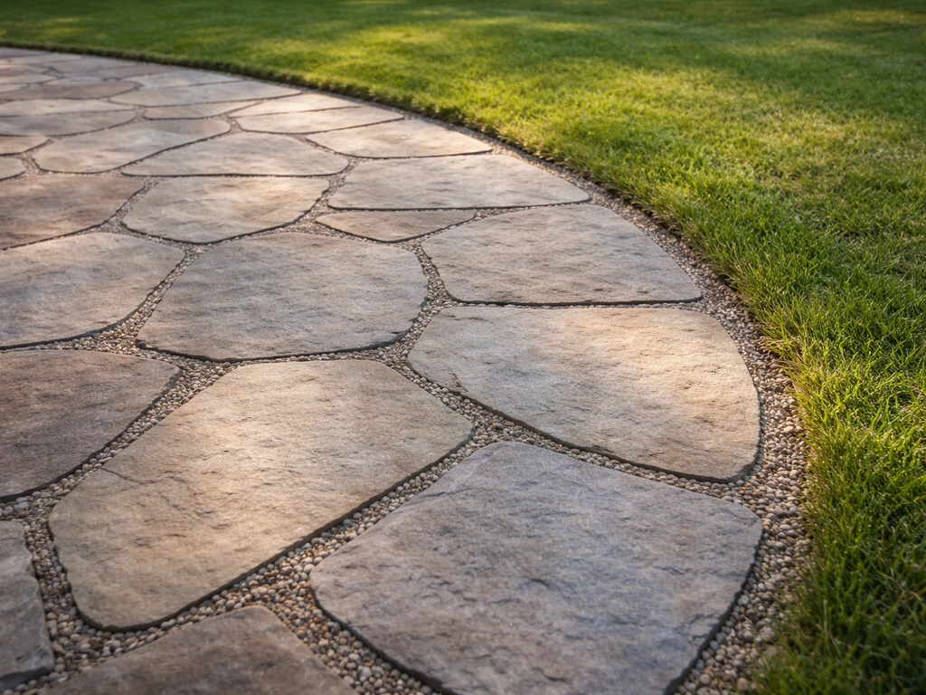 Curved freeform flagstone patio following an irregular yard edge with surrounding grass and natural light.