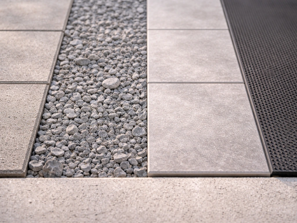 Close-up comparison of patio flooring materials: pavers, gravel, outdoor tile, and a rubber mat with clear textures.