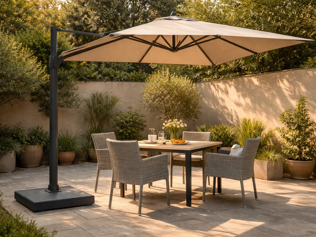 Large cantilever umbrella shading an outdoor dining table on a simple patio at natural light.