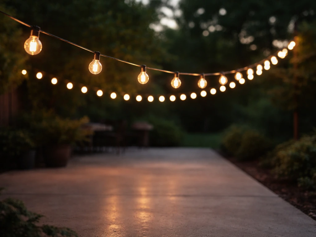 Warm outdoor globe string lights zigzag along a patio edge, illuminating dark evening ambience