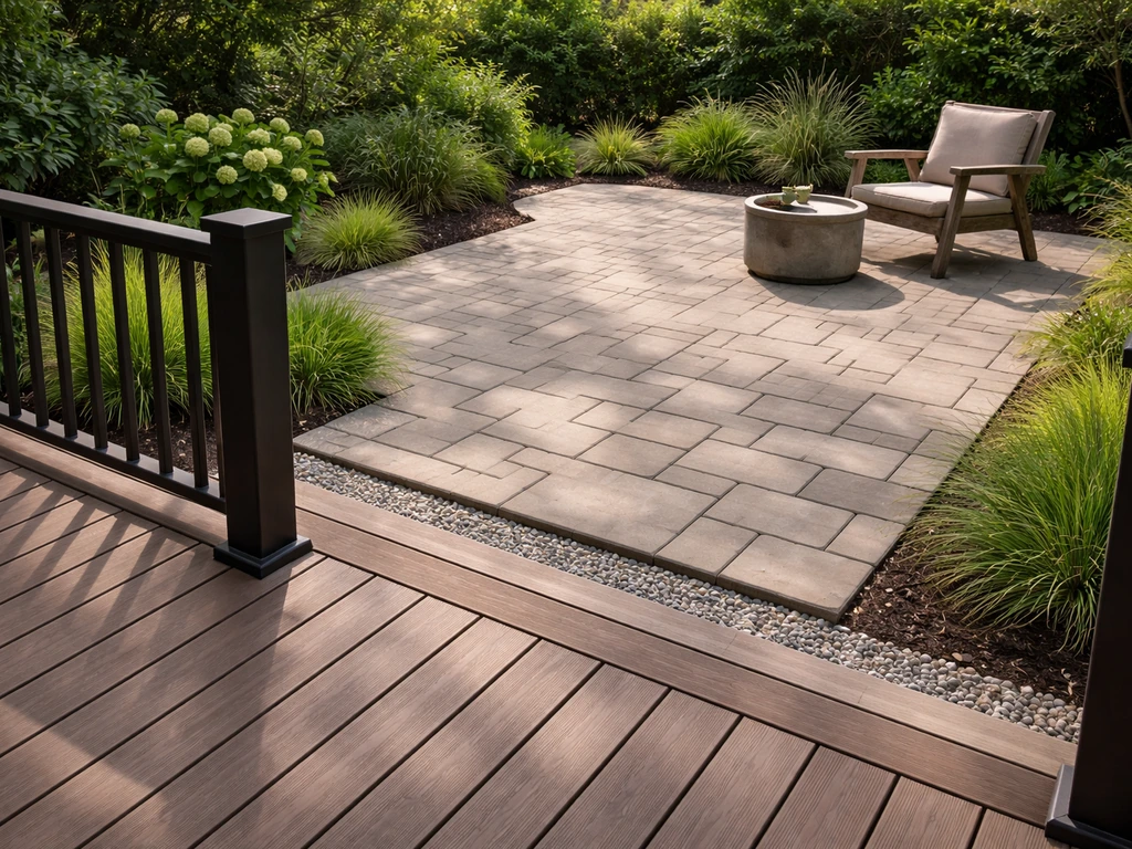 Clean composite deck and stone patio with visible drainage edge and minimal outdoor furniture.