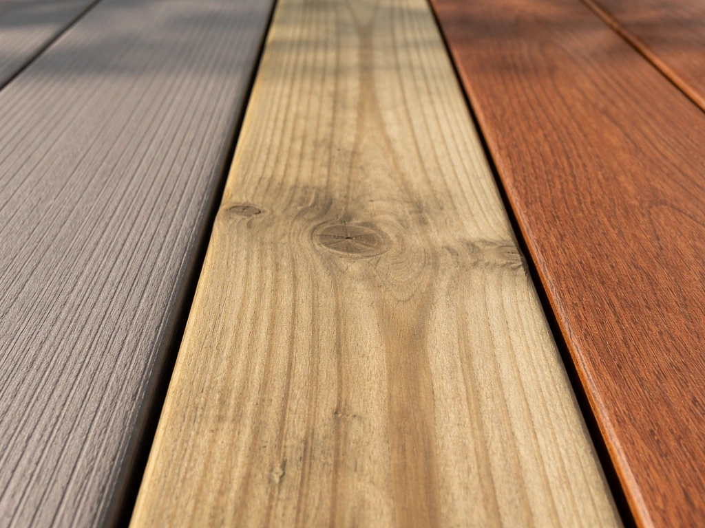 Close-up comparison of deck surfaces: composite, pressure-treated wood, and hardwood textures side by side