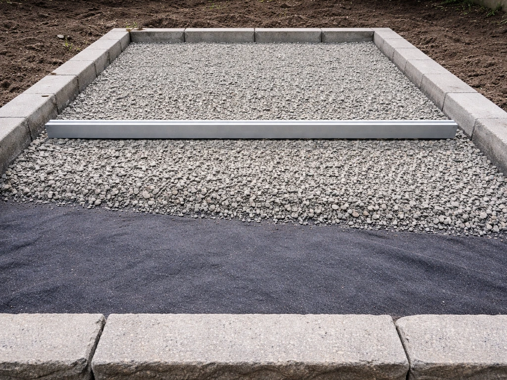 Close-up of patio base layers showing geotextile, gravel, and a drainage slope for stability.