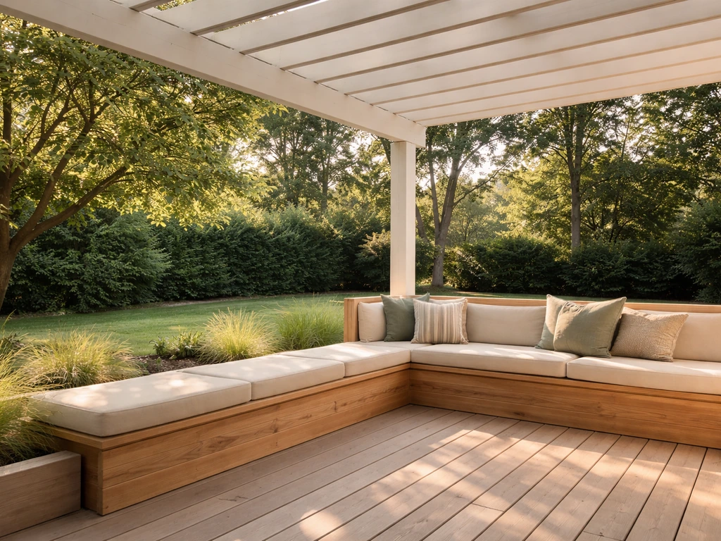 Minimal backyard patio deck with built-in bench seating and a simple pergola cover overhead.