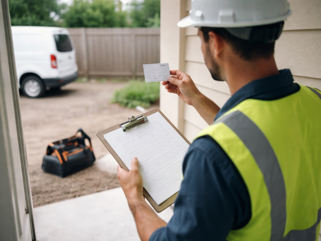 Anonymous contractor on a home jobsite reviewing licensing/insurance paperwork on a clipboard near the porch.