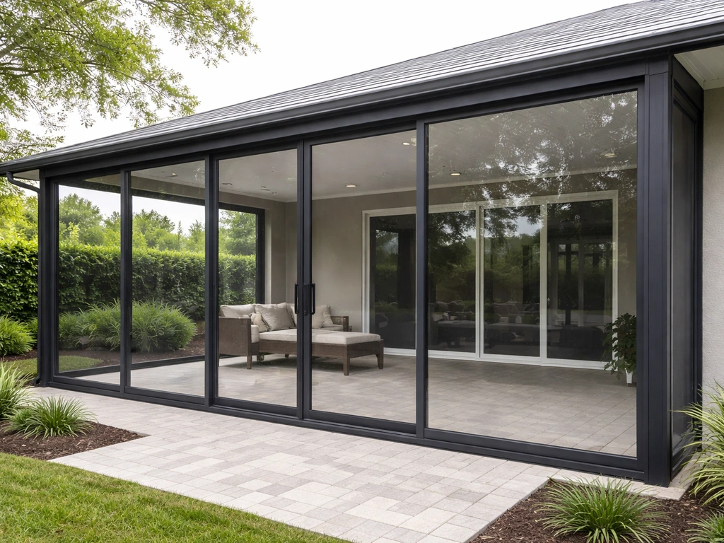 Premium patio enclosure with aluminum framing and clear glass panels in a tidy backyard.