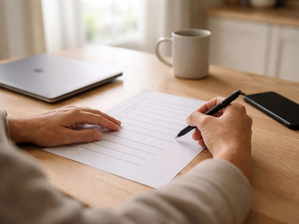Hands reviewing a pre-quote vetting checklist next to a laptop and smartphone on a kitchen table.
