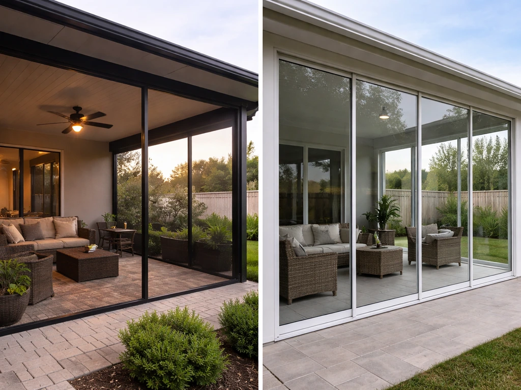 Two side-by-side enclosure reference photos: screened patio and insulated glass patio enclosure.