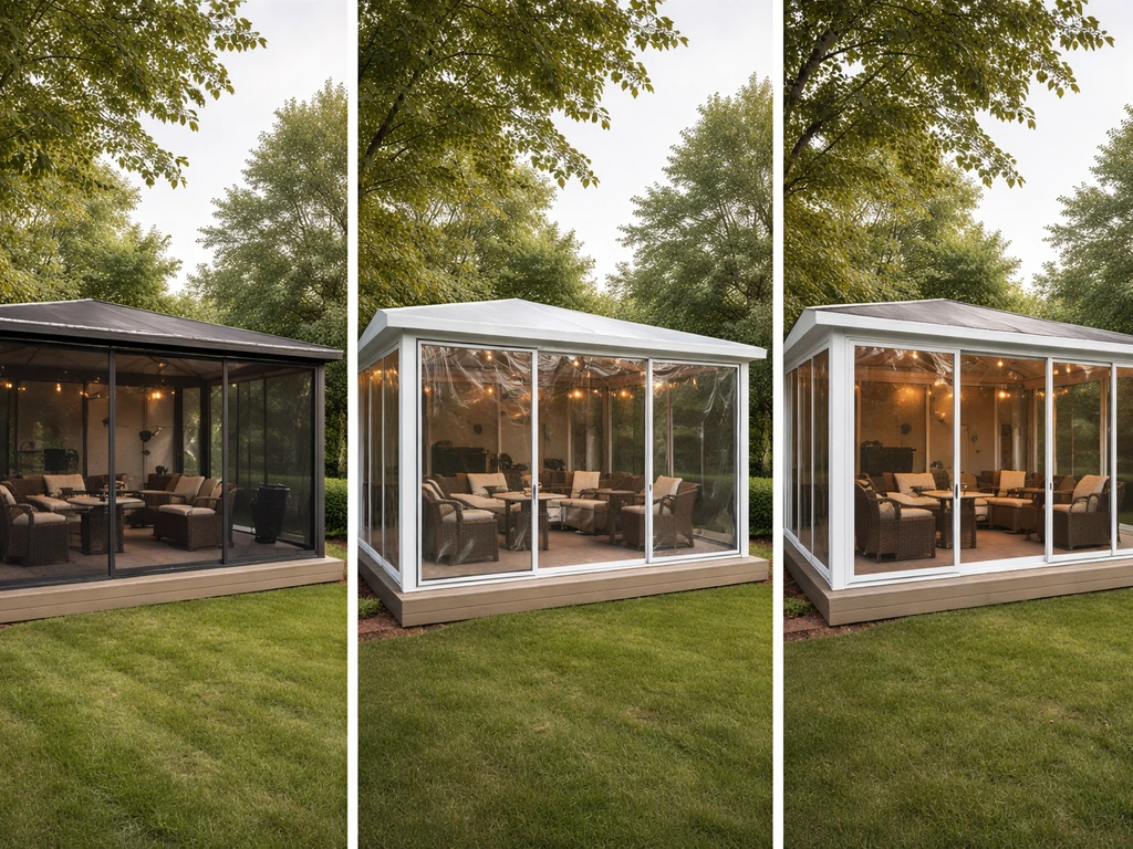 Three small backyard enclosures shown side-by-side: screen room, clear vinyl panels, and insulated glass.