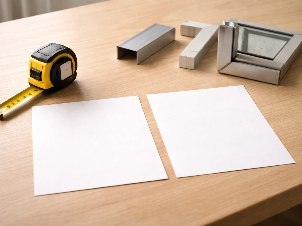 Close-up of an anonymous contractor workspace with two blank quote pages and a tape measure on wood