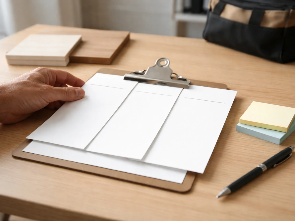Hand placing three blank bid sheets on a clipboard with sticky notes and pen on a clean desk.