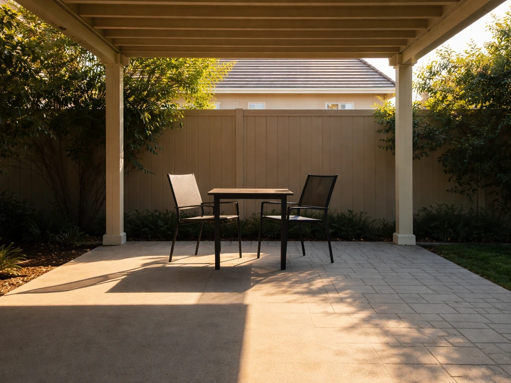 Patio table with a correctly sized pergola cover casting shade versus an uncovered strip of sun