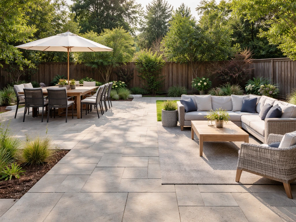 Sunlit backyard patio with dining and lounge seating on visible stone pavers and a clear walkway.