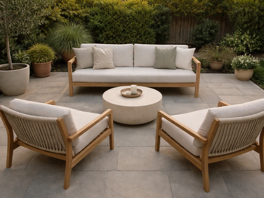 Slight top-down view of a backyard patio lounge layout with an outdoor sofa and chairs facing each other.