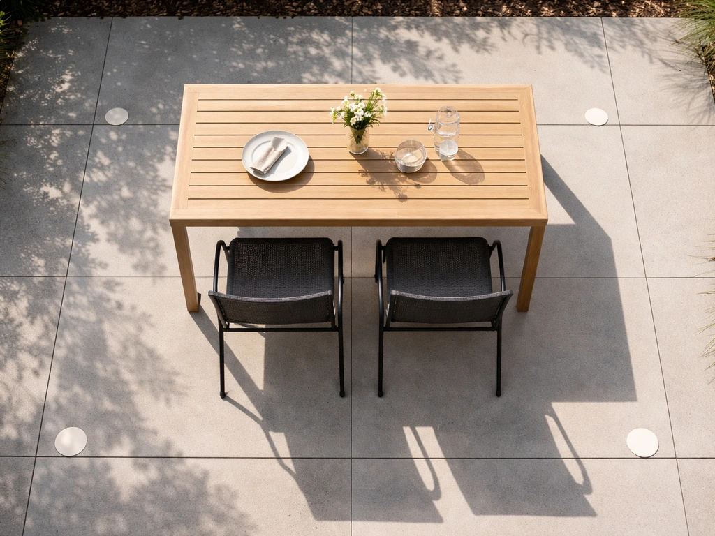 Overhead view of an outdoor dining table with chairs and clearances shown by small floor markers.