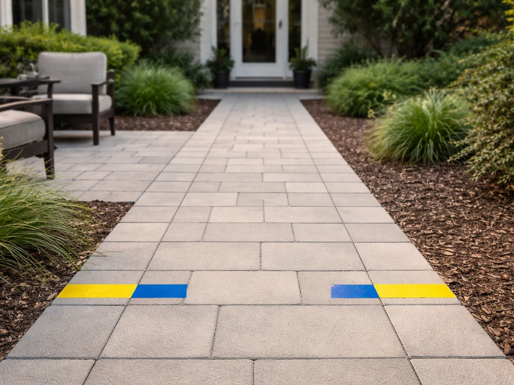 Minimal patio walkway with ground markers showing a 36-inch clear path toward a house entry.