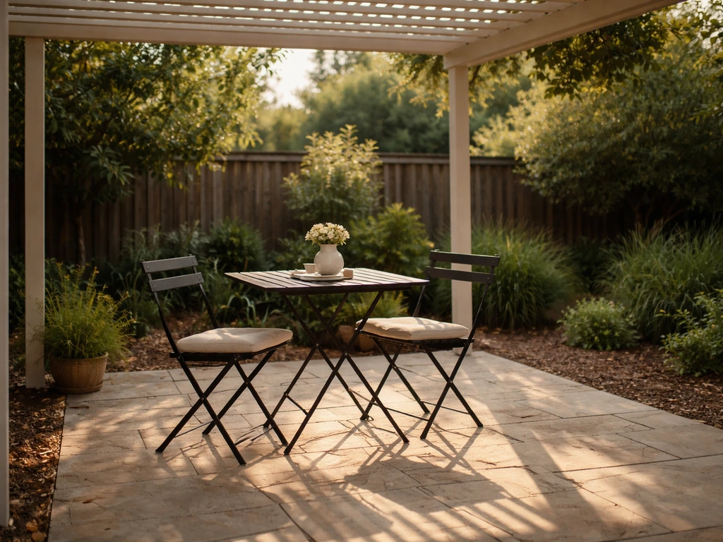 Backyard patio seating shaded by a pergola with soft striped shadows across the covered area.