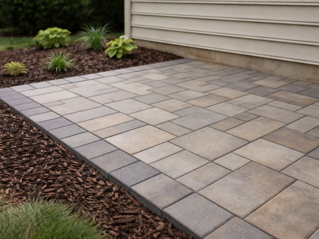 New stone paver patio with clean edging and fresh landscaping in a tidy residential backyard