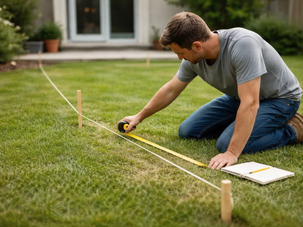Homeowner kneeling in a backyard measuring and marking a patio layout with tape and rope.