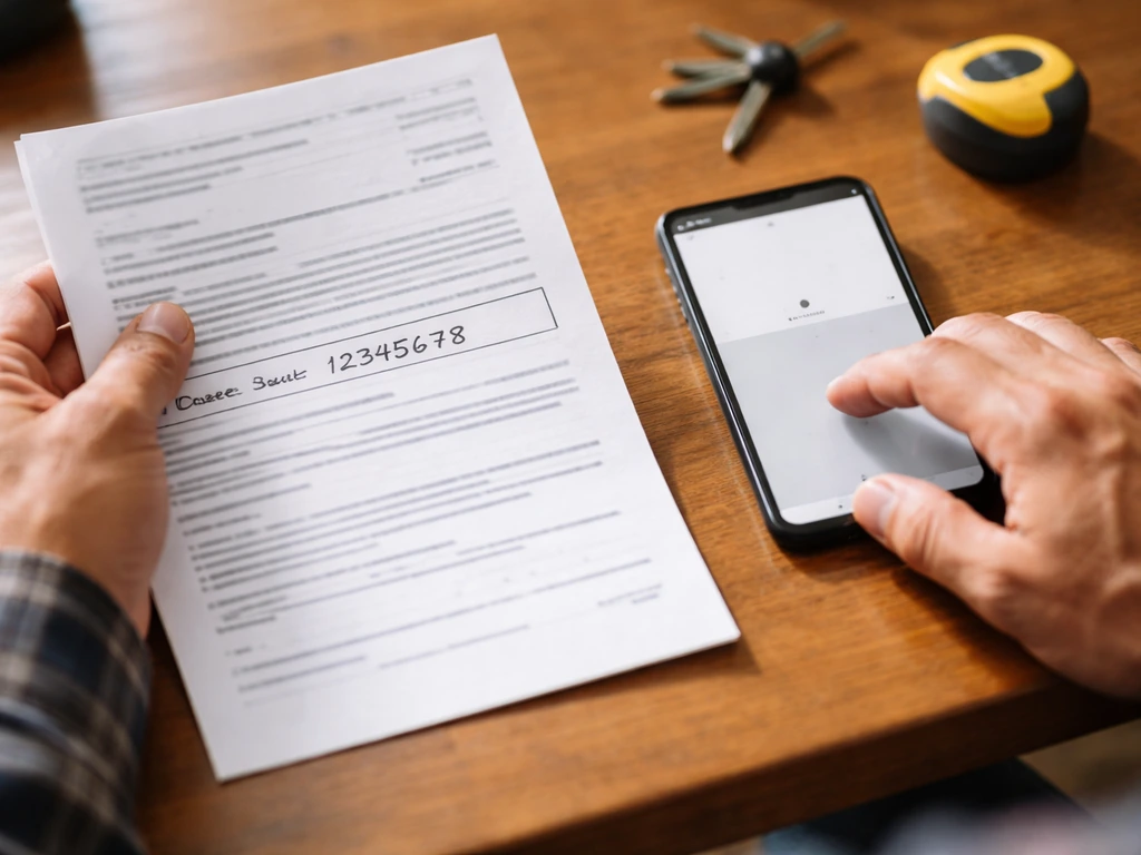 Close-up of a hand checking contractor license paperwork with a smartphone open to a generic verification screen