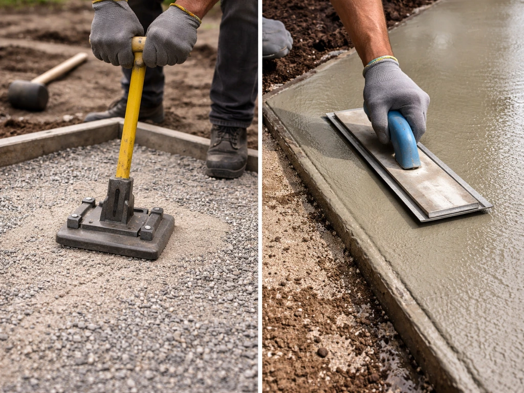 Side-by-side closeups: paver base compaction on one side, concrete patio finishing with a trowel on the other.