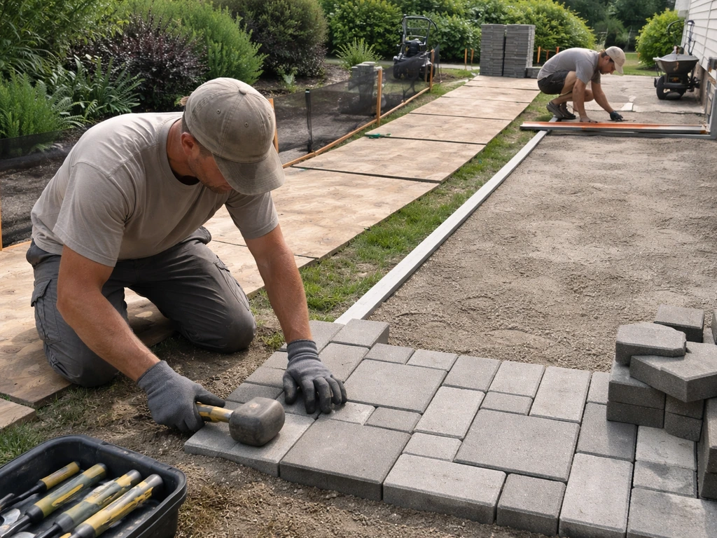 Workers install a residential patio while protecting nearby landscaping with barriers and plywood paths.