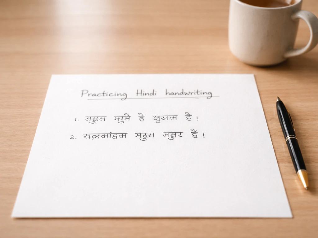Minimal learning worksheet showing two Hindi sentences and a blank line, shot on desk with natural light.