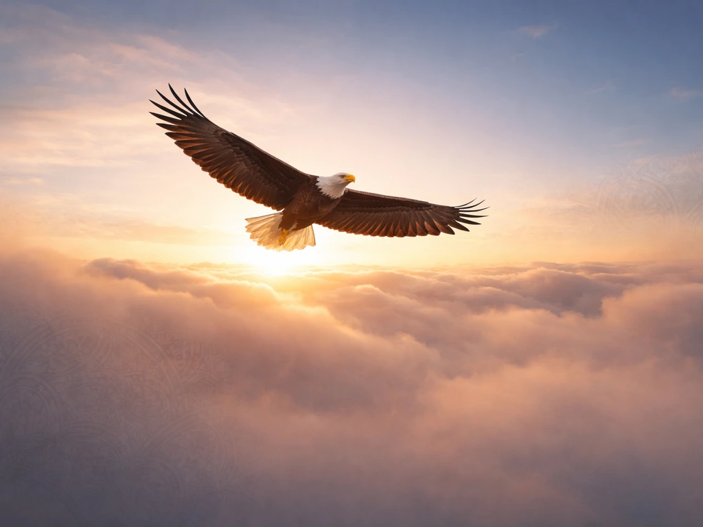 An eagle soaring above soft clouds, evoking freedom in an Indian-inspired cultural sky scene.