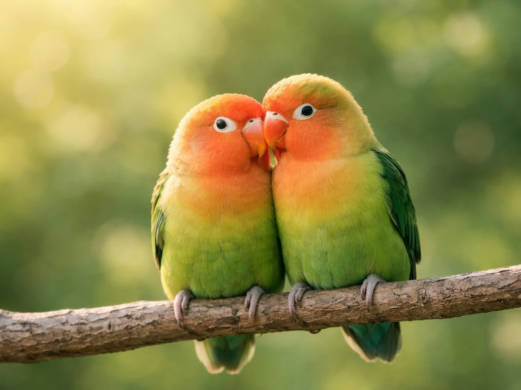 Two small lovebirds perched closely together on a branch with soft light bokeh background.