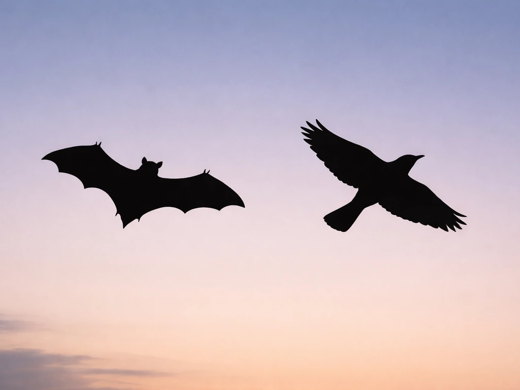 Side-by-side silhouettes of a bat and a bird against a simple twilight sky, clear wing differences.