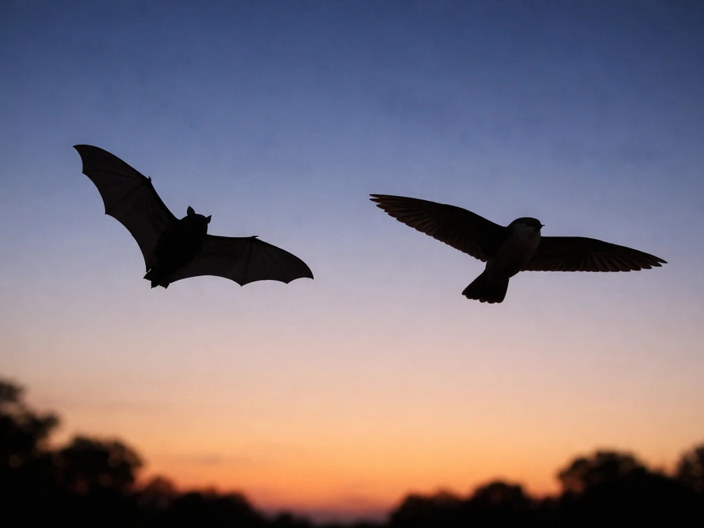 Bat and nightjar silhouettes flying at dusk, showing contrasting body shapes in a simple side-by-side scene.
