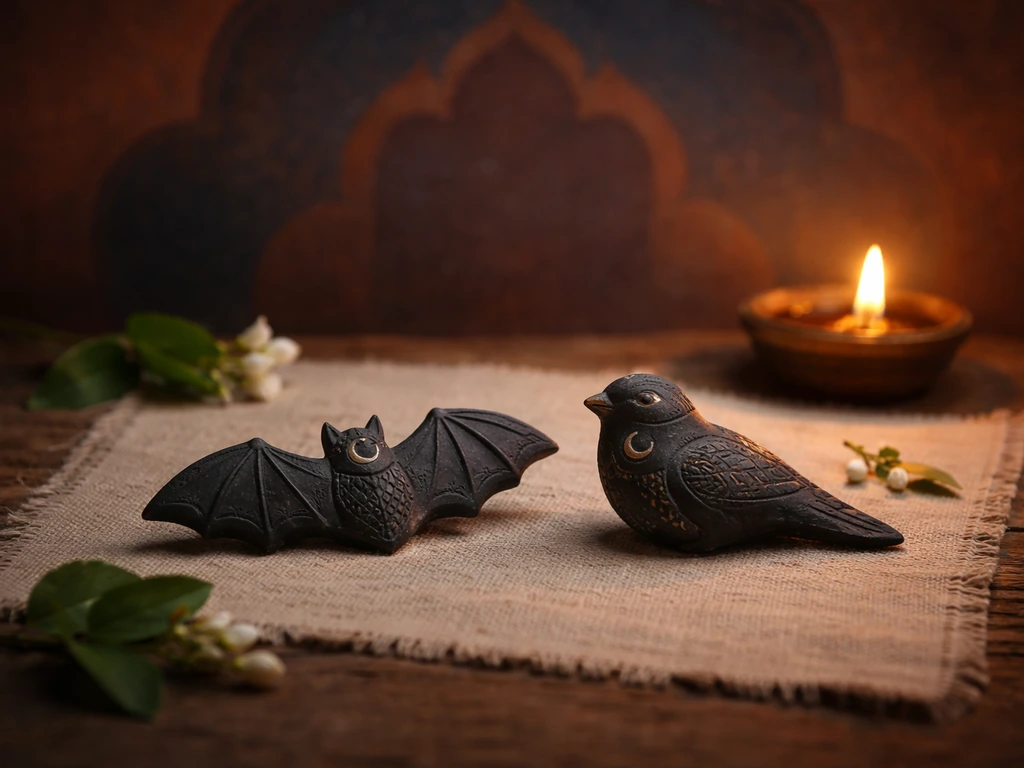 Symbolic bat and nightjar motif in a Maharashtra-inspired night scene with traditional patterns