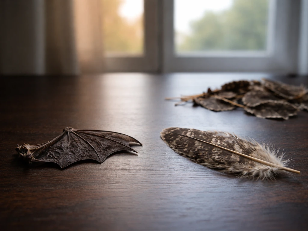 Two wildlife objects on a simple desk: a bat-wing silhouette next to a nightjar-feather shape, with night and day cues.